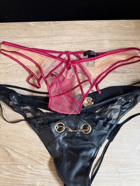 Sheer Strappy Thong Panties - Black & Fuchsia